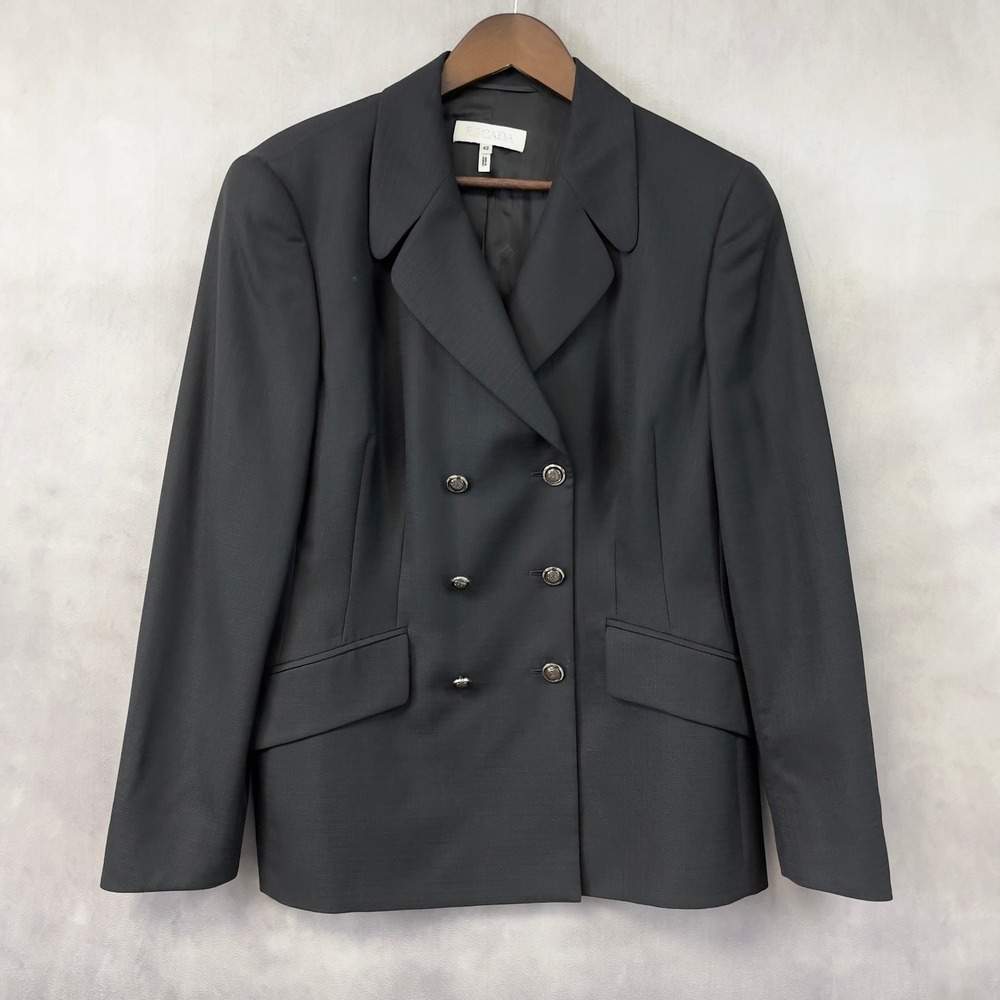 Vintage Escada Blazer Women 42 Black Wool Silk Double Breasted Minimalist Luxury